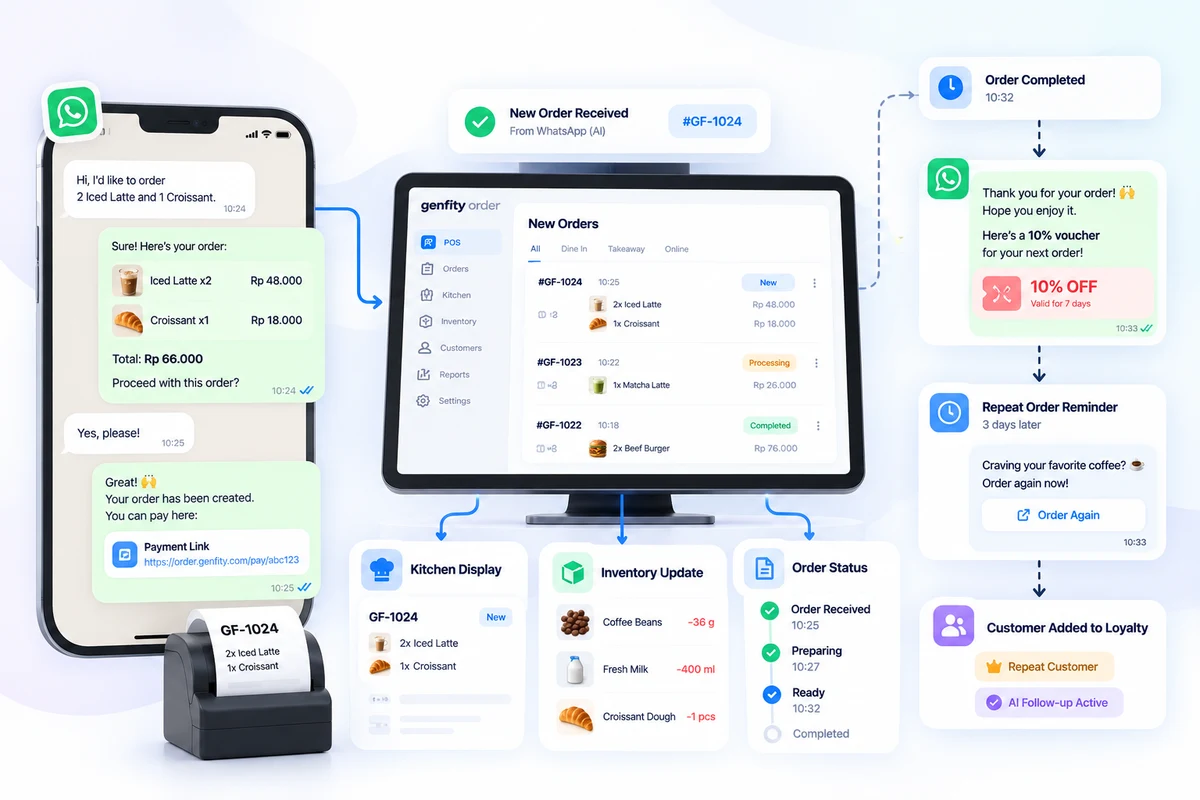 An order moving from WhatsApp into Genfity POS with automated follow-up