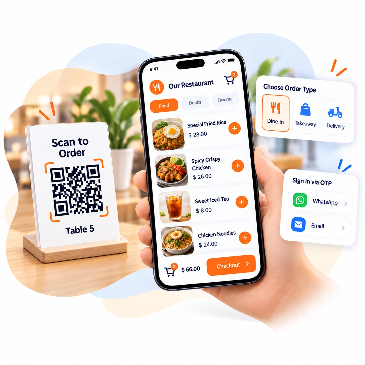 Pelanggan memesan makanan dari ponsel setelah memindai QR meja restoran.