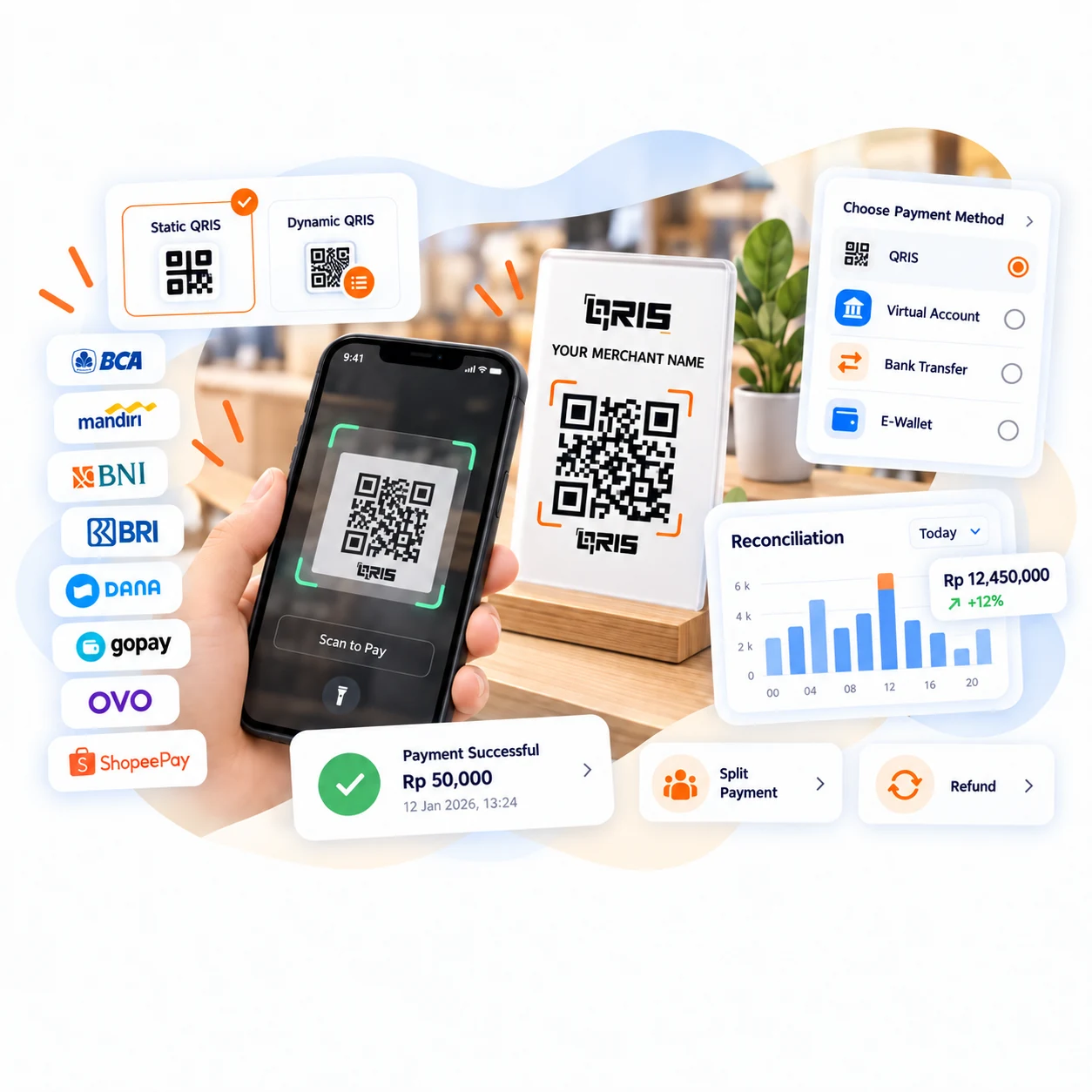 Pilihan pembayaran QRIS dan rekonsiliasi transaksi untuk merchant.