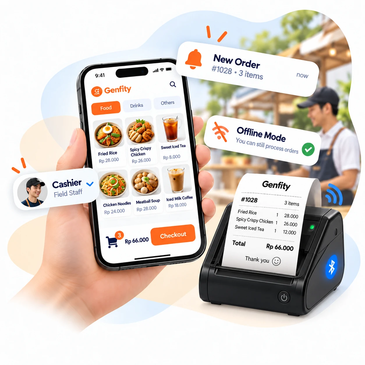 Genfity POS Mobile menampilkan notifikasi pesanan, mode kasir offline, dan cetak struk nirkabel.